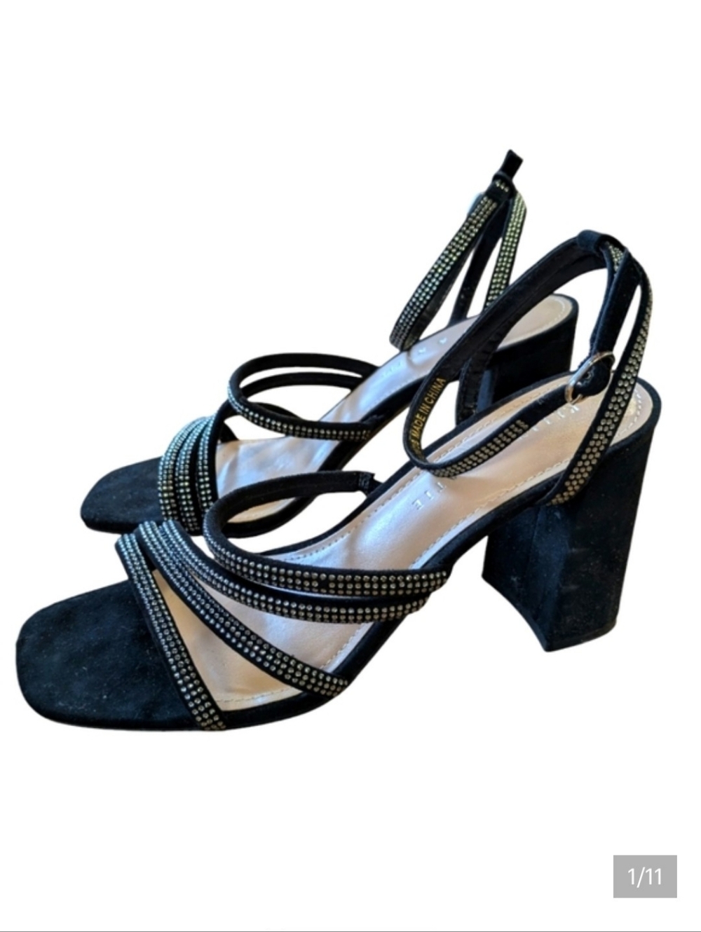 Kelly & Katie Cadence Rhinestone Ankle Strap Block Heels Black Size 7.5